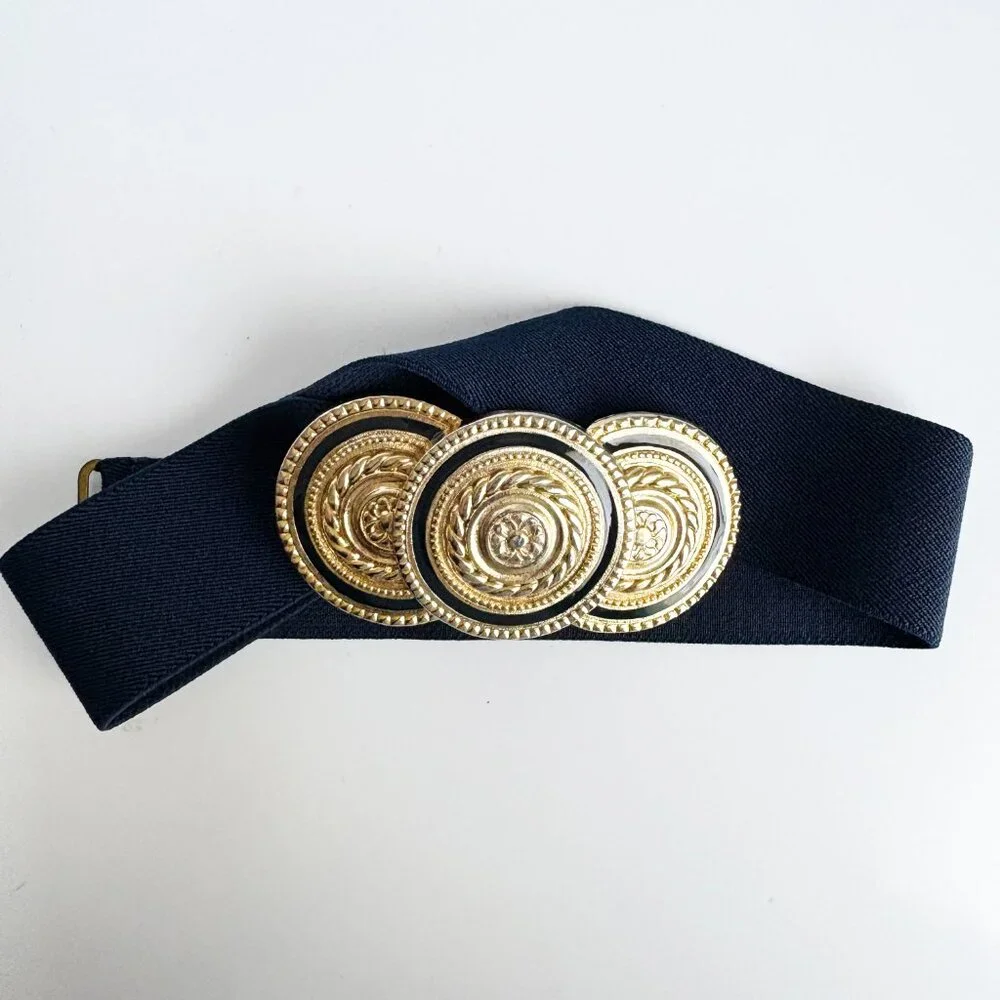 Nan Lewis Wide Belt Oversized Gold Medallion + Navy Stretch Strap